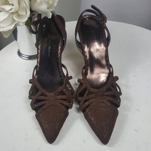 Kathy Van Zeeland Vintage Y2K Suede Leather Brown Pointed Toe Heels with GLITTER - Picture 2 of 8